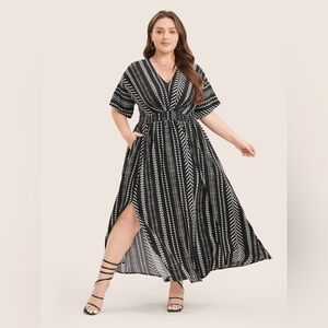 Solid Geometric Dolman Sleeve Pocket Shirred Split Hem Dress